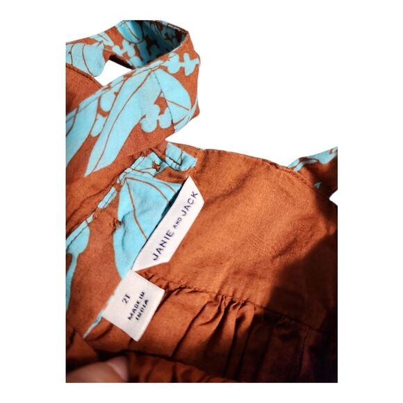 Janie and Jack Brown Blue Leaf Print Dress Size 2T Cotton Tropical Sundress - Picture 2 of 8